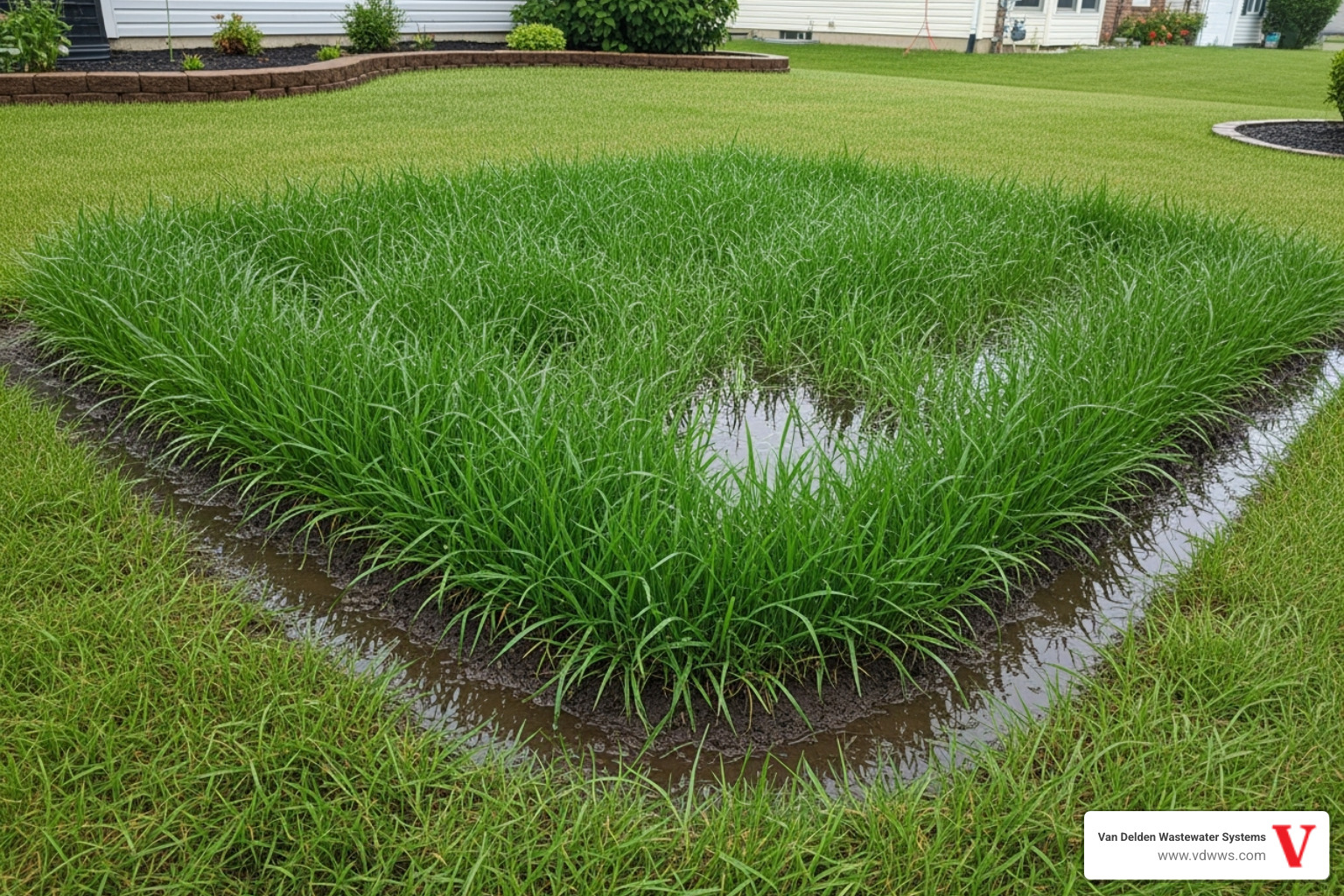 Soggy patch of grass in a yard, indicating a drainfield problem - septic system maintenance tips