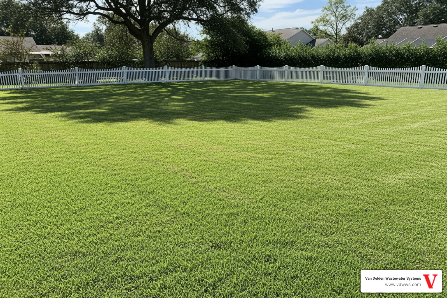Properly landscaped area over a drainfield with grass - septic system maintenance tips