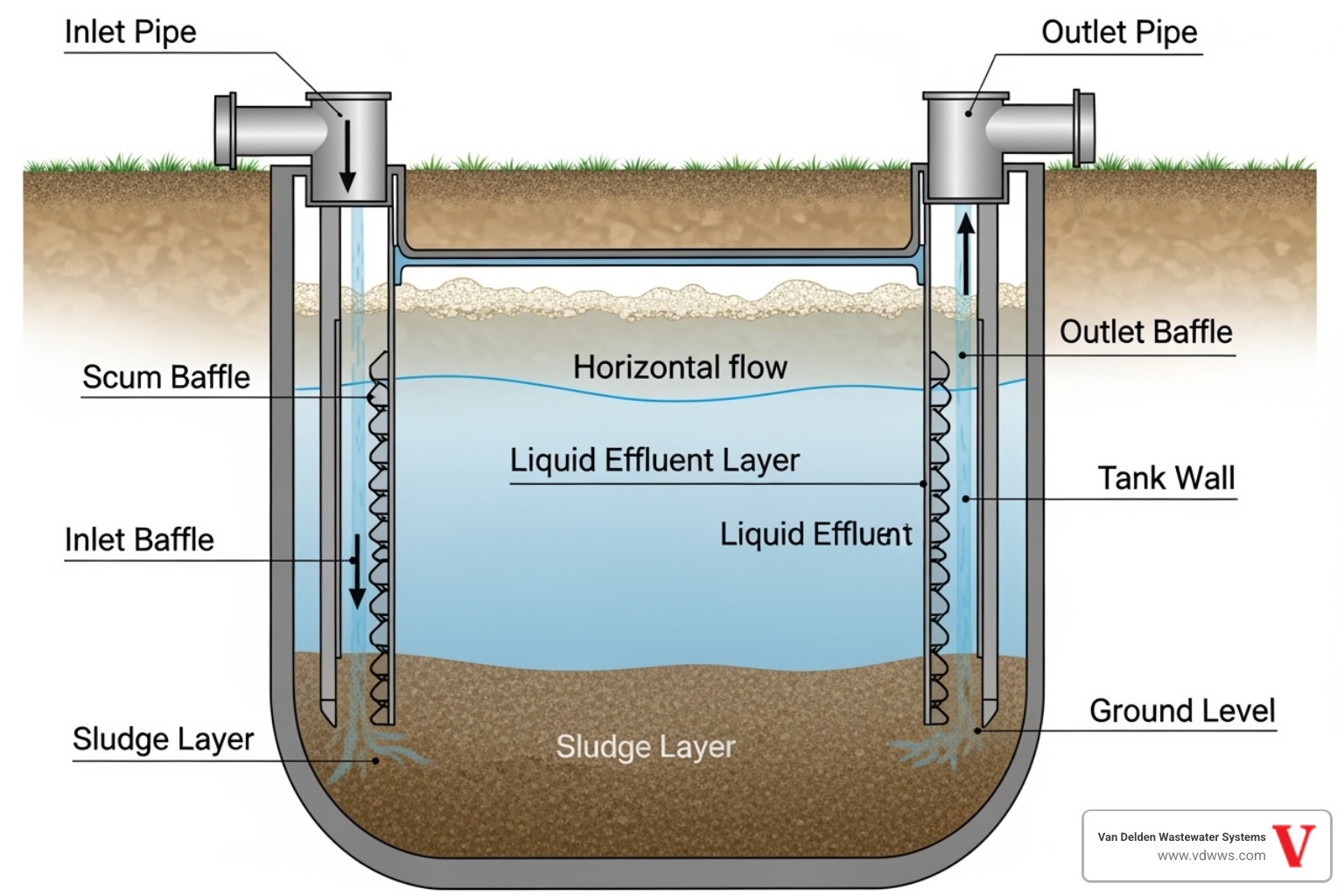 Cross-section of a septic tank showing the layers (scum, effluent, sludge) and baffles - septic system maintenance tips