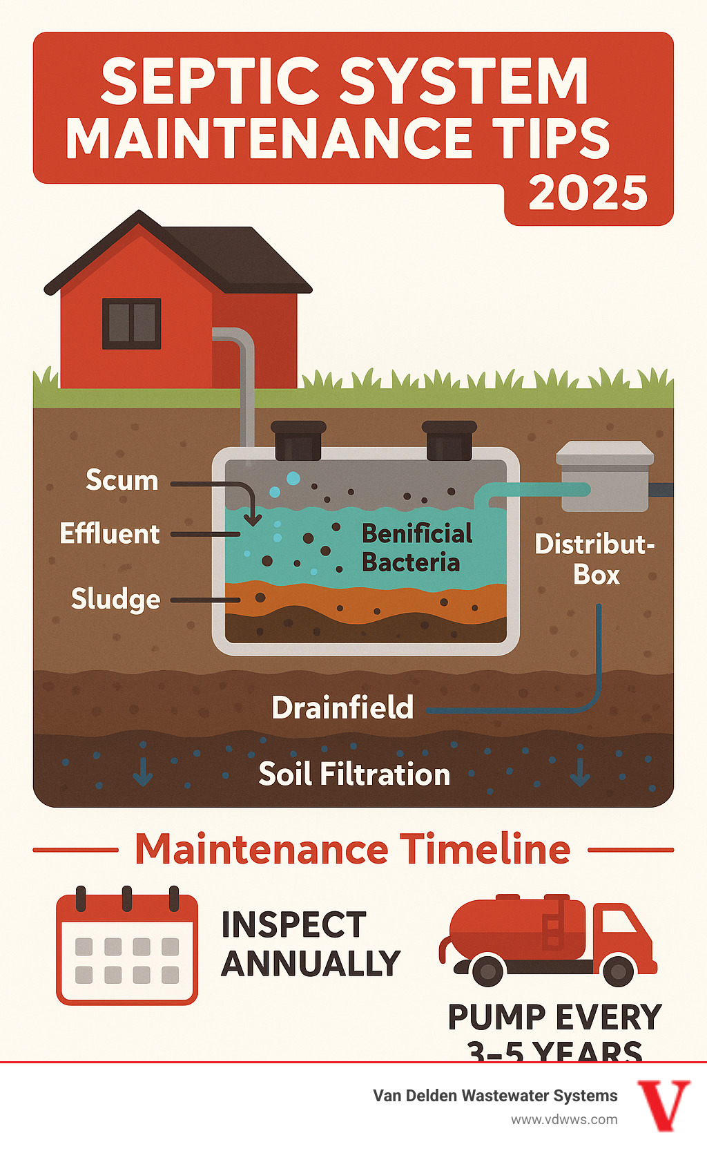 Comprehensive septic system maintenance infographic showing the flow from house drains through septic tank with three layers (scum, effluent, sludge) and beneficial bacteria, then to distribution box and drainfield with soil filtration, including maintenance timeline showing annual inspections and 3-5 year pumping schedule - septic system maintenance tips infographic 