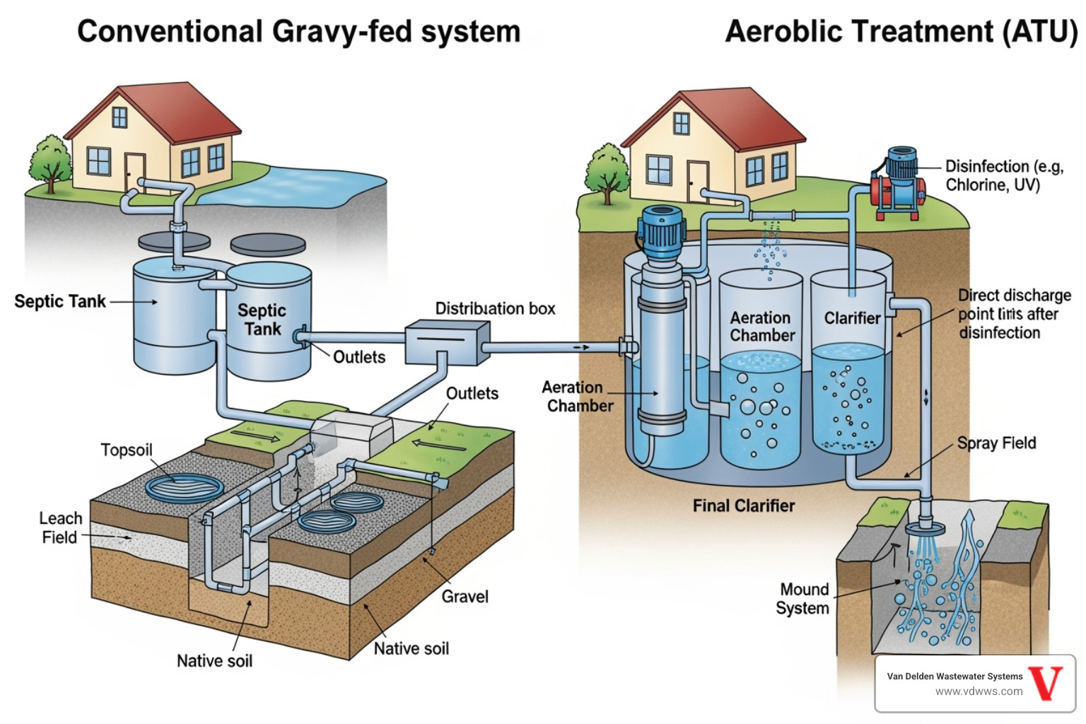diagram comparing a conventional septic system to an aerobic septic system - septic tank installation san antonio