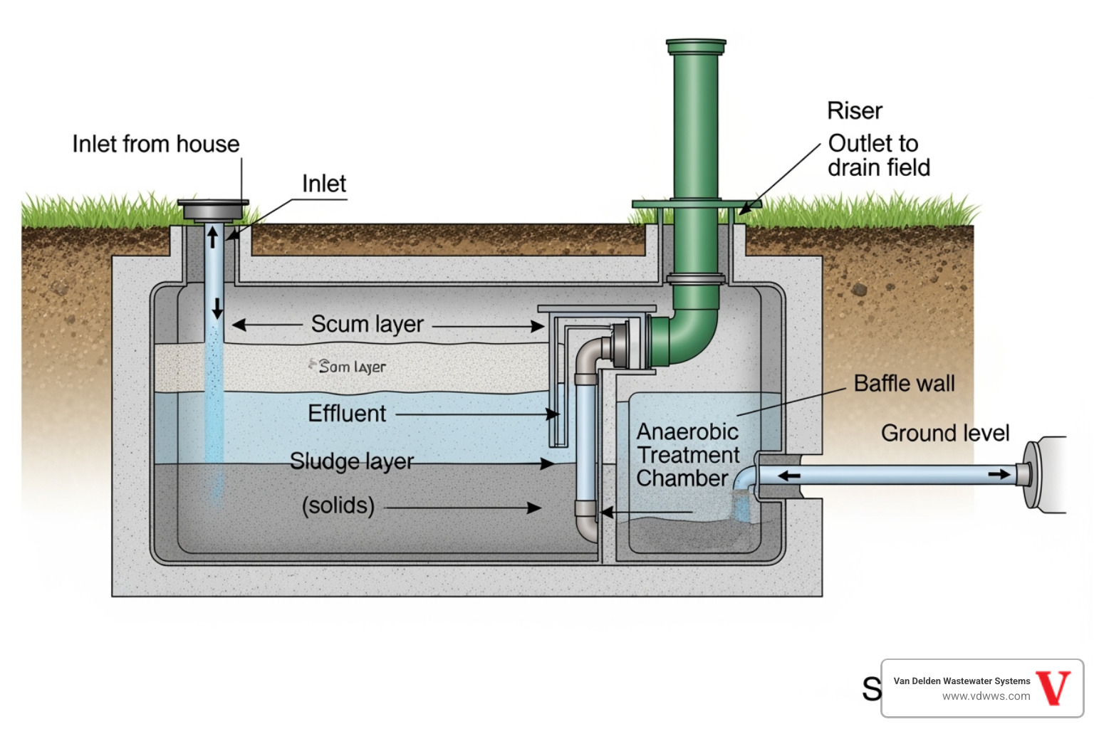 Cross-section of a septic tank with a riser extending to the surface - Riser for septic tank