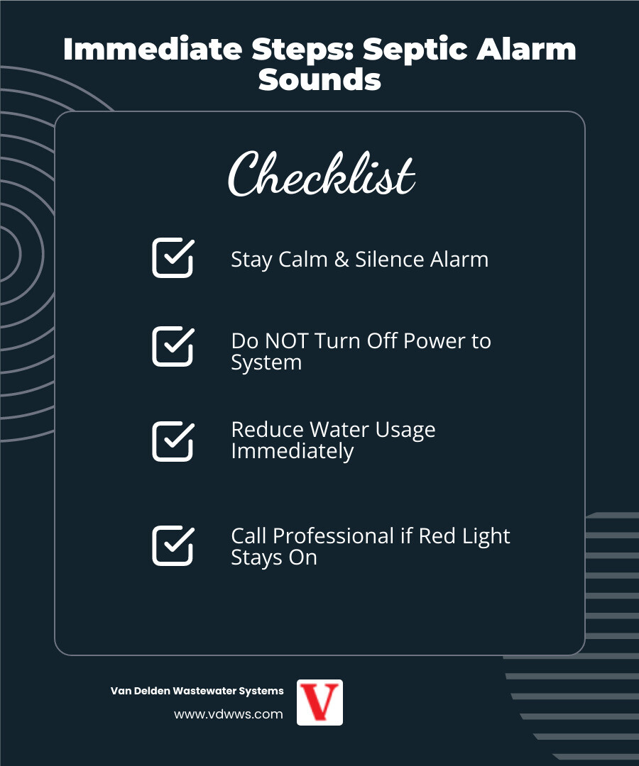 Infographic showing septic alarm float switch system with tank water levels, float positions, and alarm activation points when water rises above normal operating level - septic system alarm troubleshooting infographic checklist-dark-blue