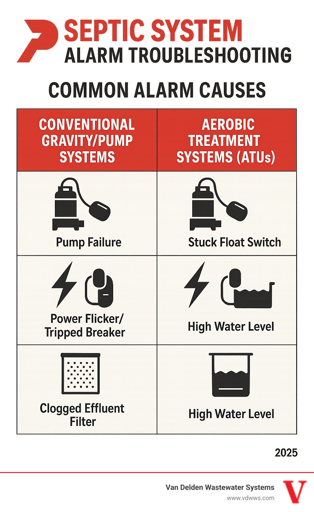 Table comparing common alarm causes for Conventional Gravity/Pump Systems vs. Aerobic Treatment Systems (ATUs) - septic system alarm troubleshooting infographic 