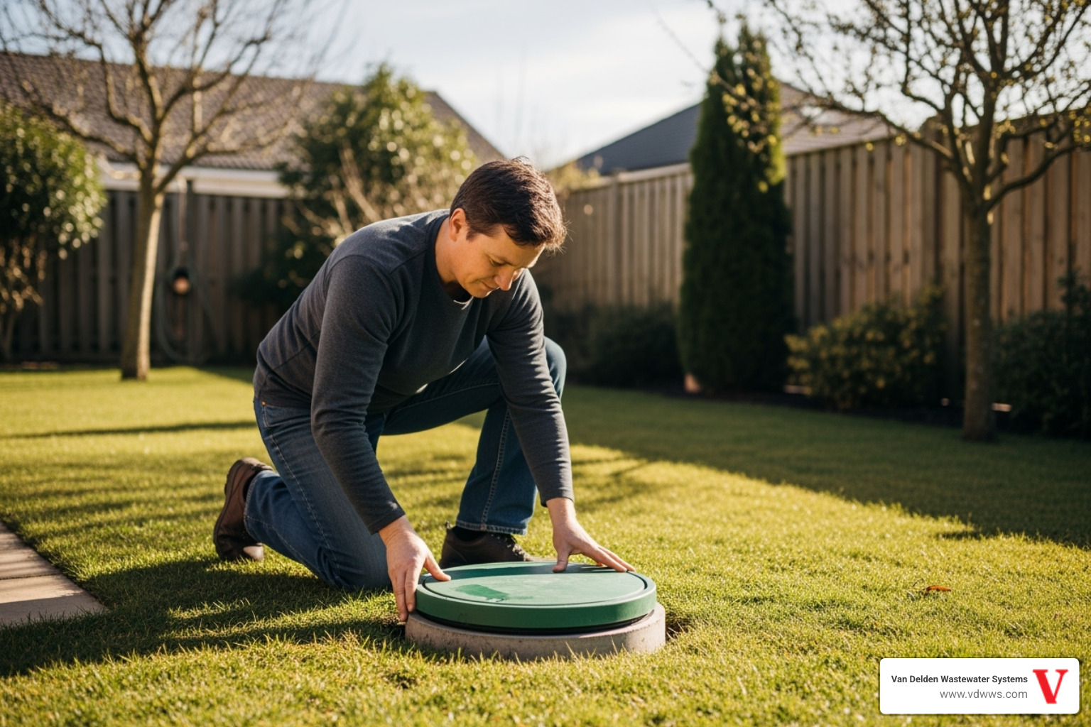 homeowner looking at septic tank riser lid - septic system alarm troubleshooting