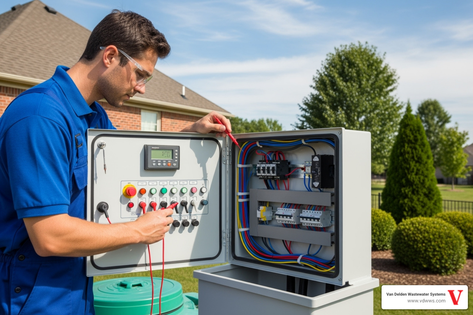 technician inspecting aerobic system control panel - aerobic septic system maintenance providers near me