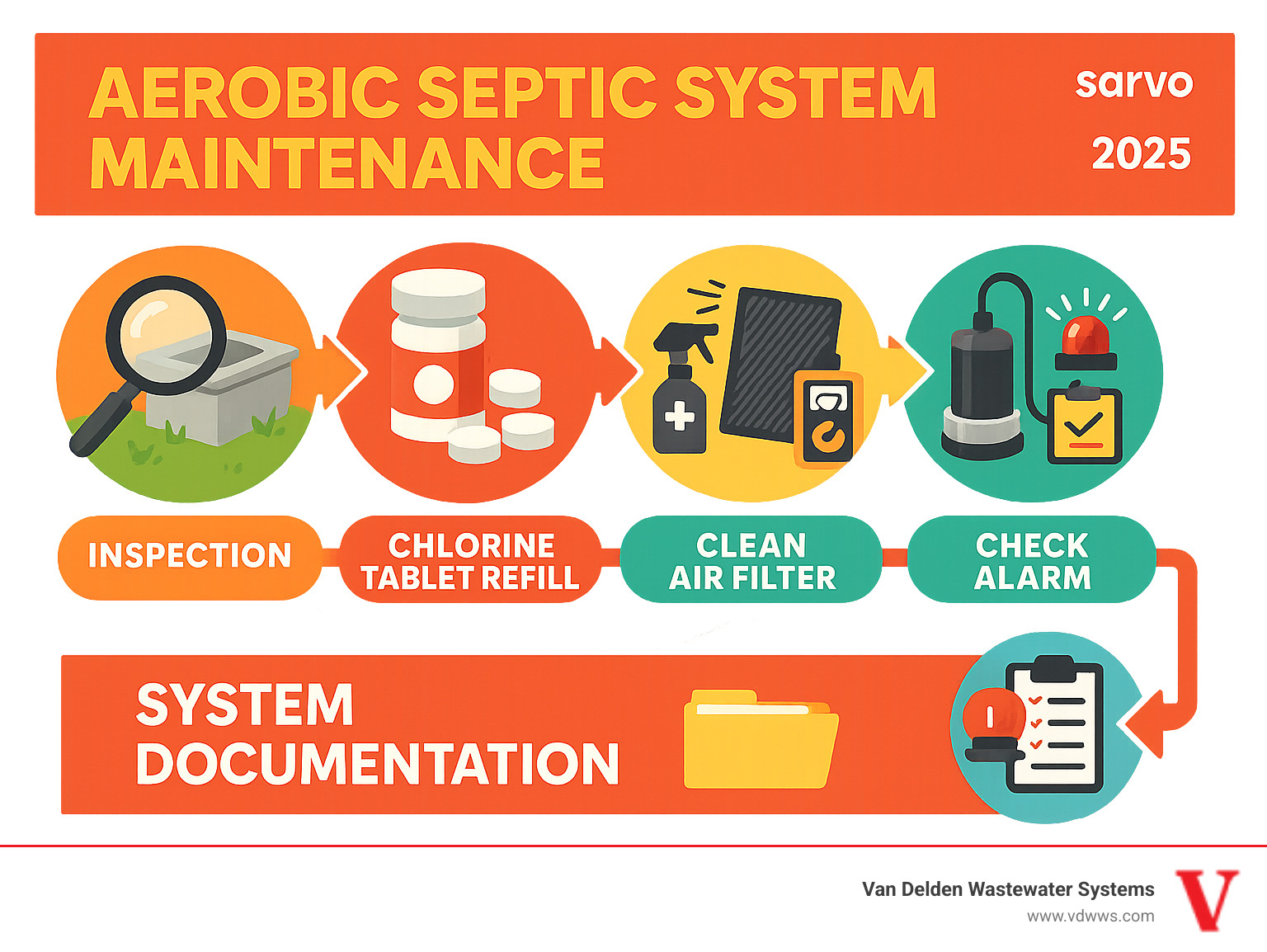 Infographic showing aerobic septic system maintenance workflow from initial inspection through chlorine tablet refill, air filter cleaning, pump testing, alarm verification, and final system documentation - aerobic septic system maintenance providers near me infographic 