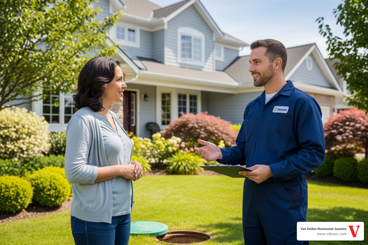 friendly professional technician speaking with homeowner - aerobic septic system maintenance providers near me