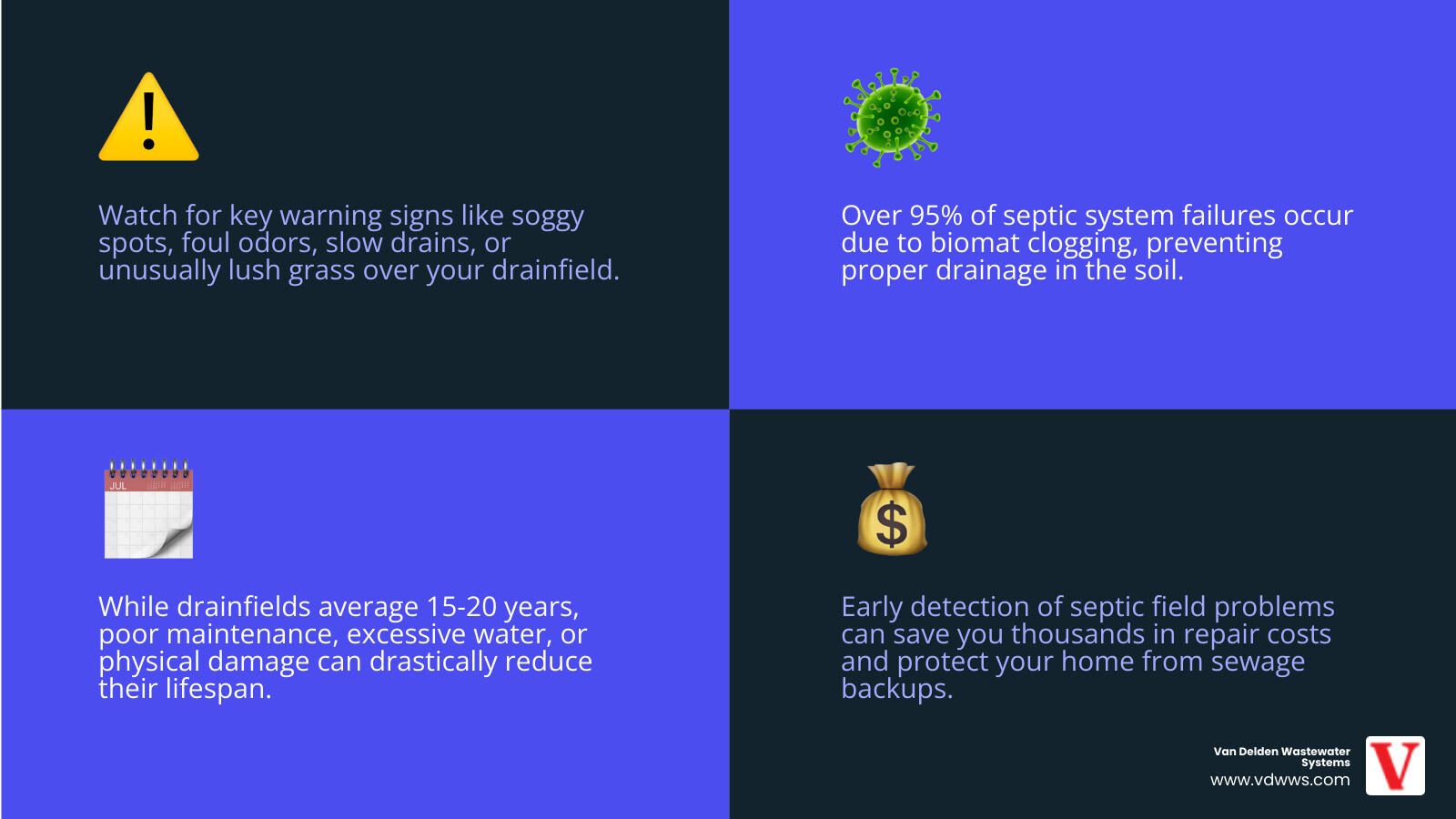 Common septic field problems infographic showing warning signs like standing water, foul odors, slow drains, lush grass patches, sewage backups, and black slimy substance, with causes including biomat clogging, excessive water use, tree roots, and poor maintenance - septic field problems infographic 4_facts_emoji_blue