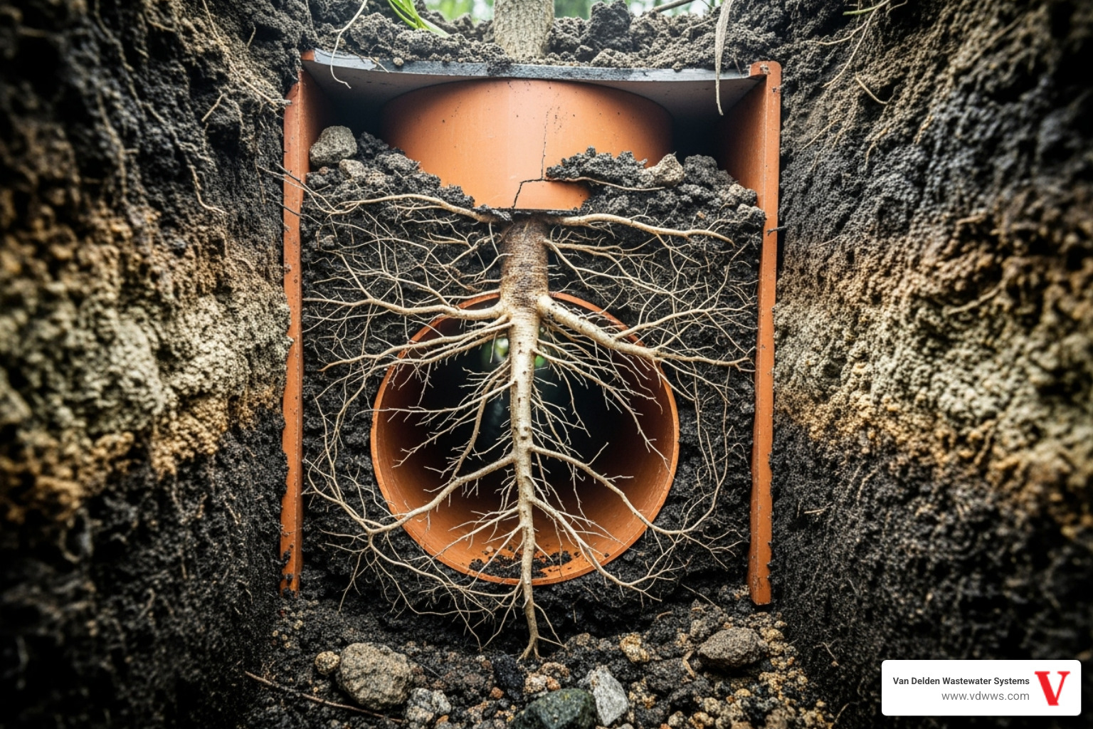 tree roots invading a septic pipe - septic field problems