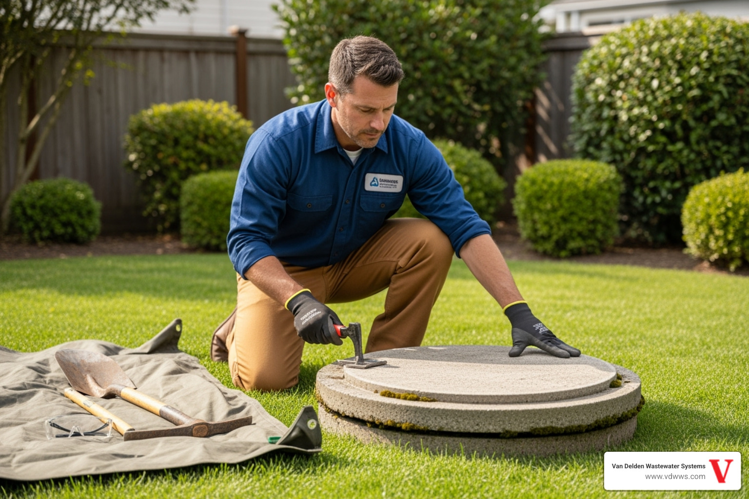 Technician inspecting a septic tank lid - boerne septic service