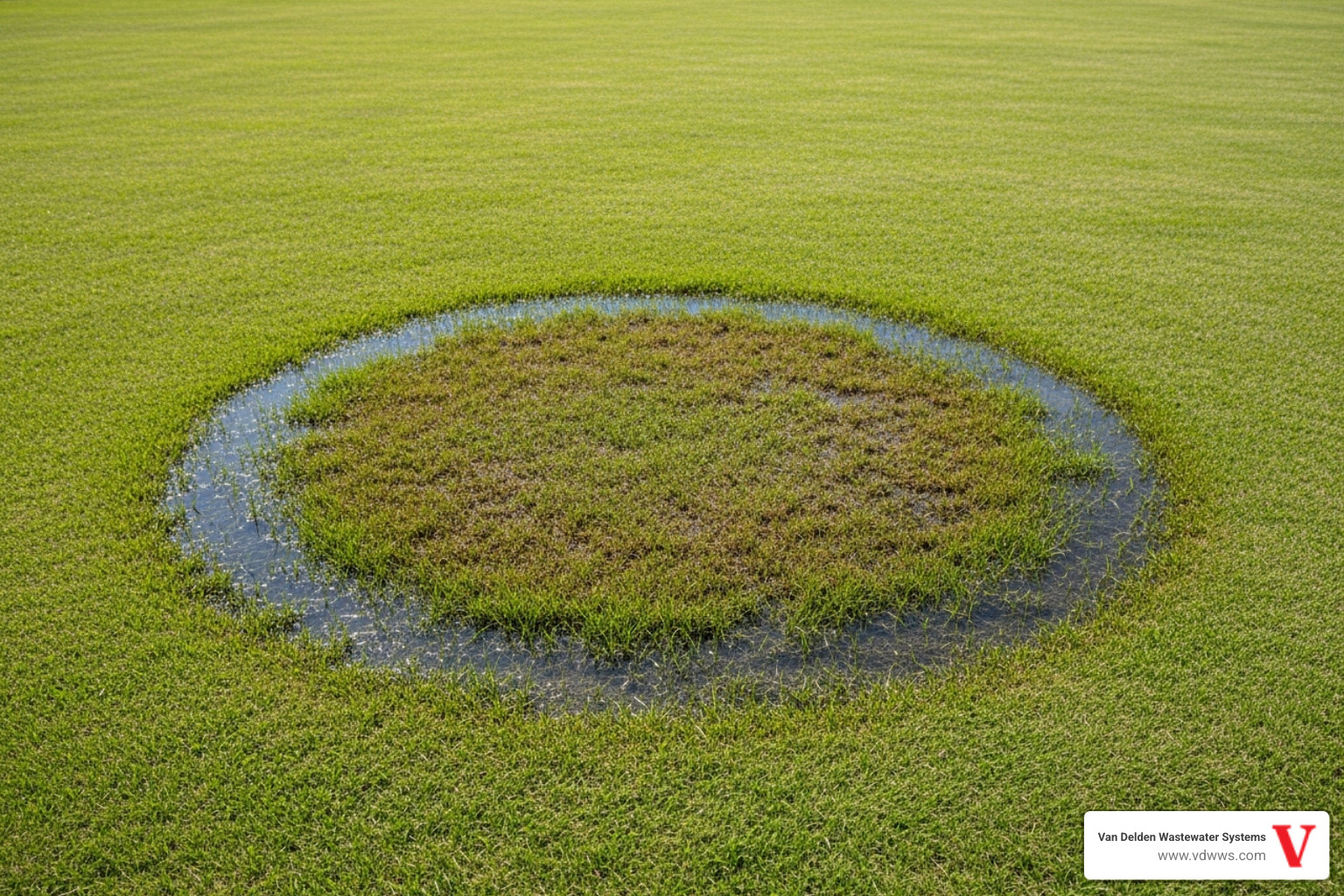 Lush green lawn over a drain field, contrasted with a soggy area - boerne septic service