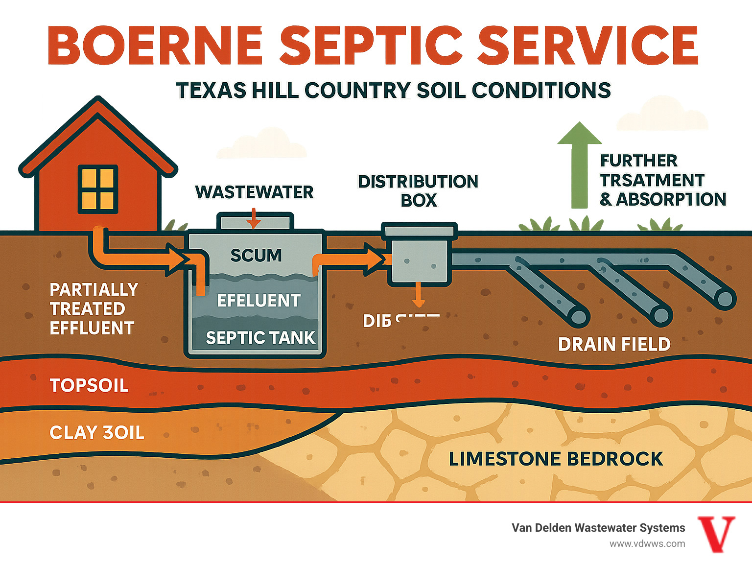 Comprehensive infographic showing septic system components including septic tank, distribution box, and drain field with arrows indicating wastewater flow and treatment process in Texas Hill Country soil conditions - boerne septic service infographic 