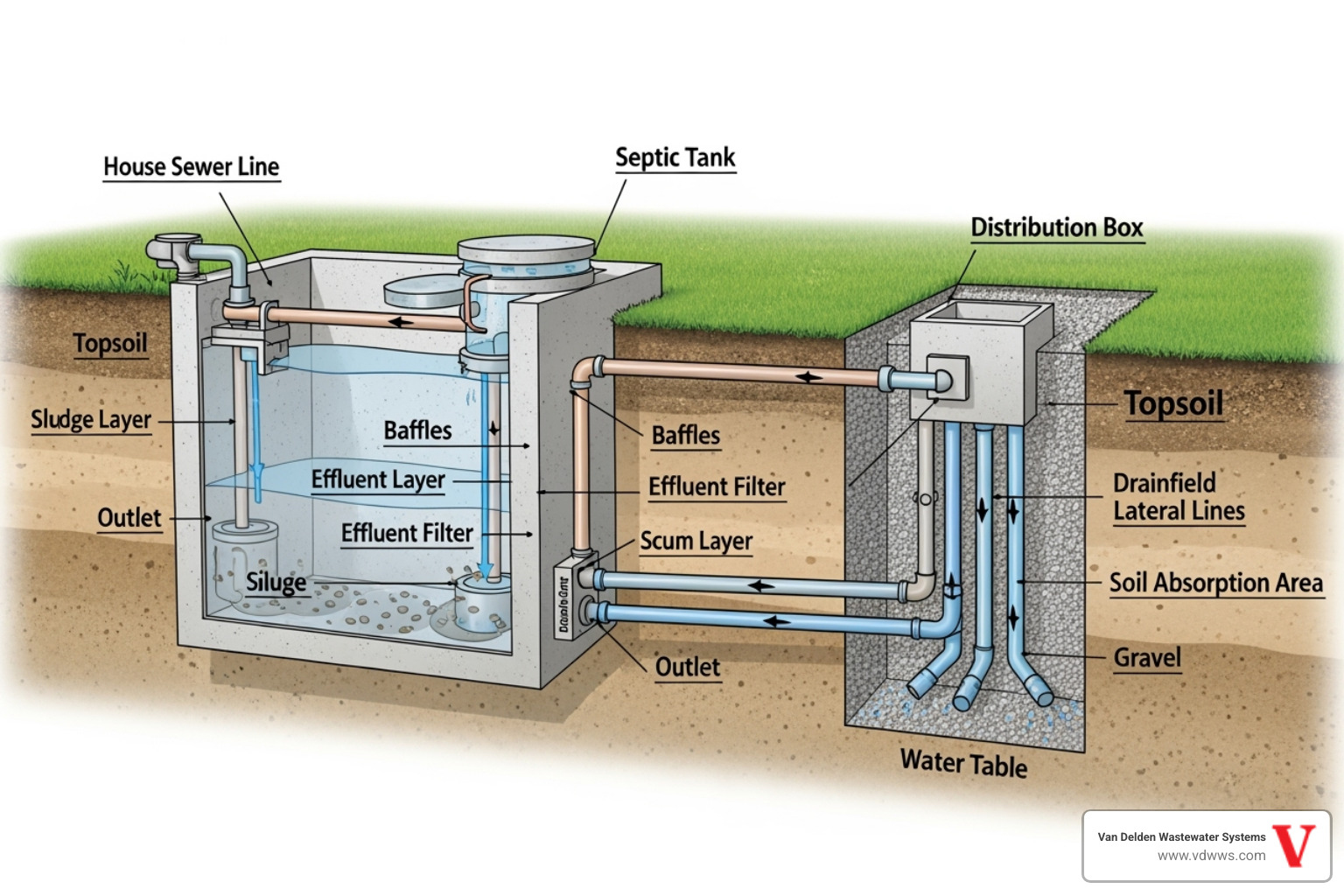 Septic system diagram showing the tank, baffles, effluent filter, and drainfield - septic tank maintenance