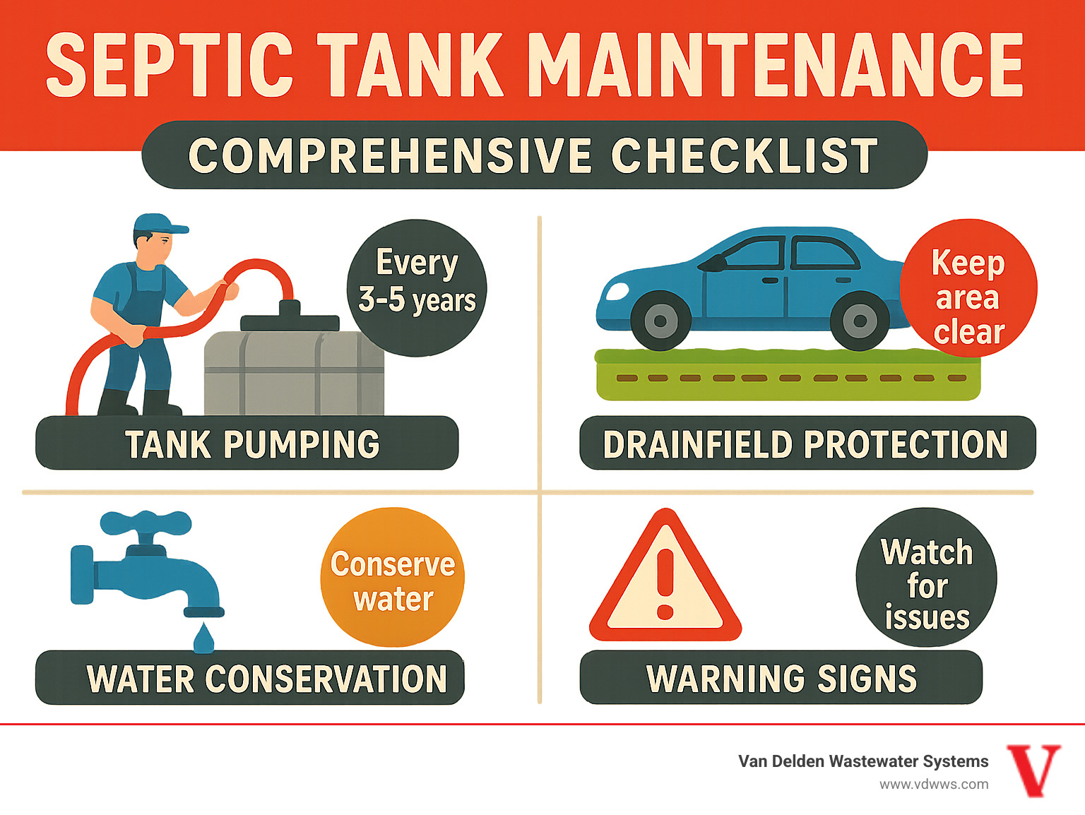 Comprehensive septic maintenance checklist showing key components like tank pumping schedule, drainfield protection, water conservation tips, and warning signs to watch for - septic tank maintenance infographic 