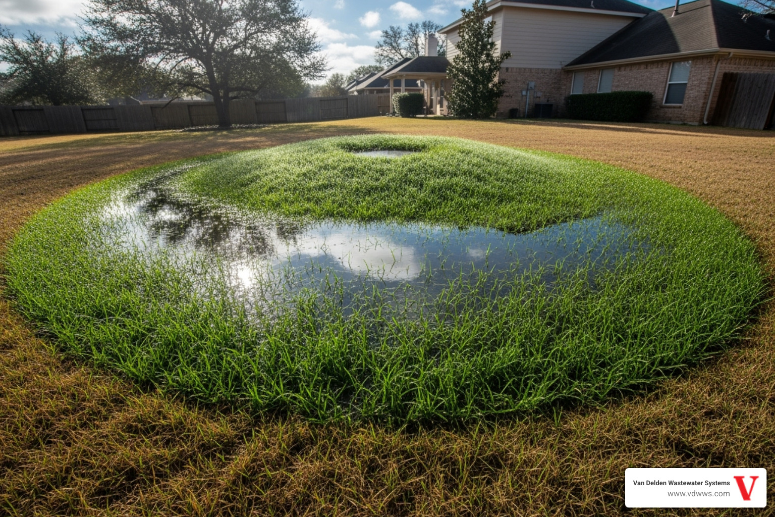 Soggy drainfield area with lush green grass - septic tank maintenance