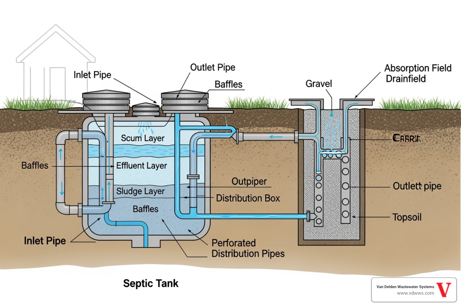 Cutaway diagram showing a septic tank and drainfield with sludge, scum, baffles, and outlet pipe labeled - Septic tank overflow