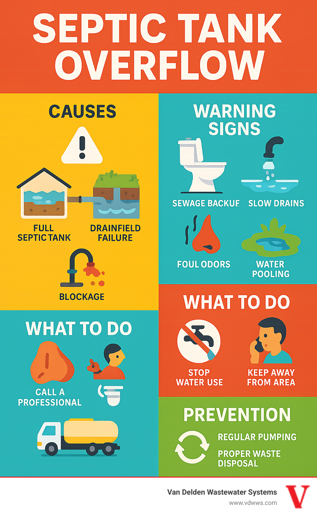 Comprehensive infographic showing septic tank overflow causes, warning signs, immediate response steps, and prevention methods including regular pumping schedule, proper waste disposal, and professional inspection intervals - Septic tank overflow infographic 