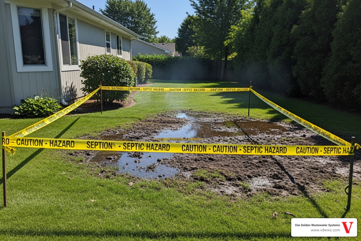 A roped-off area in a yard indicating a hazard from a septic tank overflow - Septic tank overflow