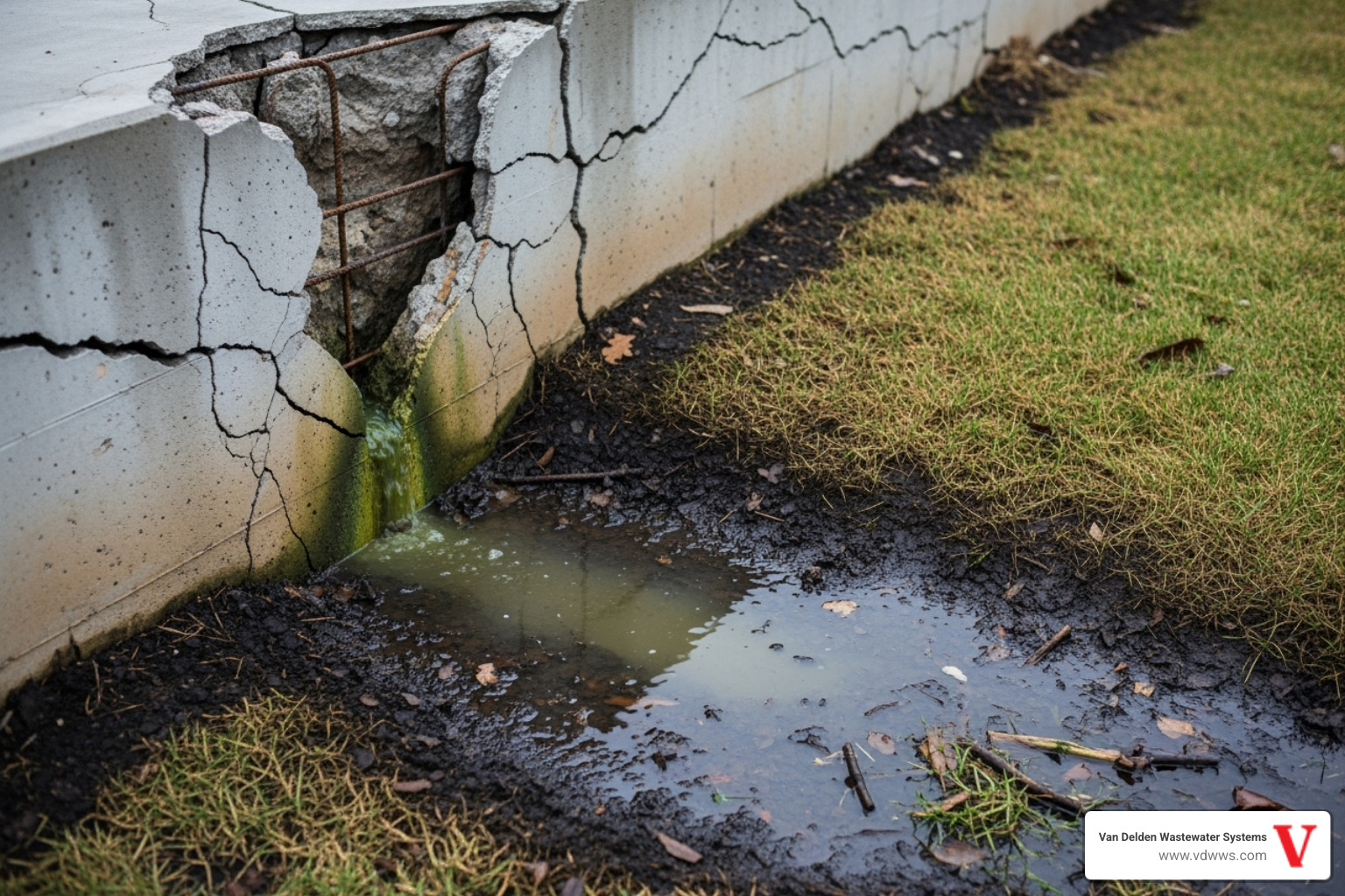 Cracked home foundation near a waterlogged area, indicating potential structural damage from septic overflow - Septic tank overflow