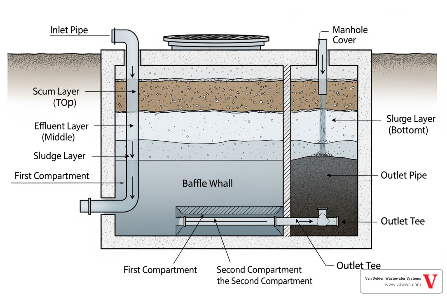 of a detailed cross-section of a two-compartment septic tank showing sludge, scum, and effluent layers - conventional septic system