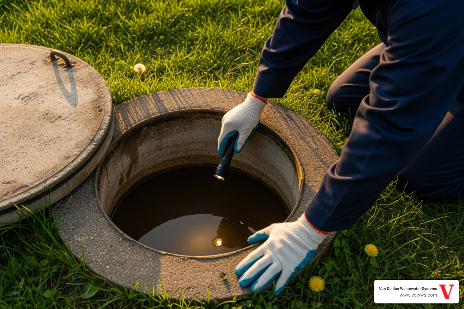 of a technician inspecting a septic tank access port - conventional septic system