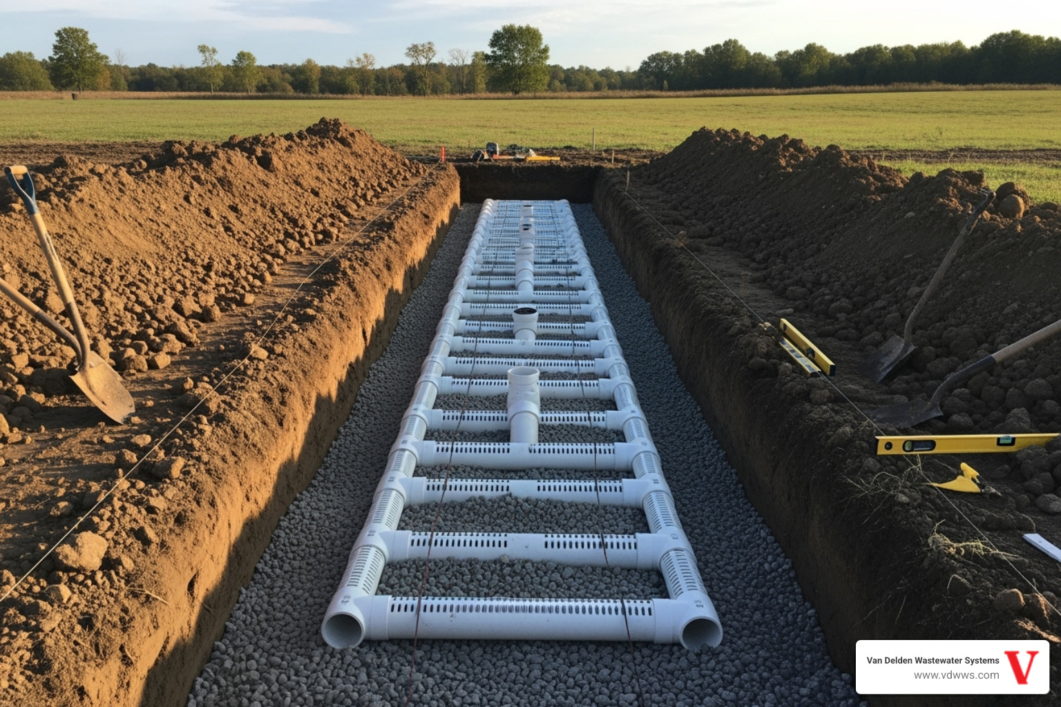 of a drainfield trench being constructed with perforated pipes and gravel - conventional septic system