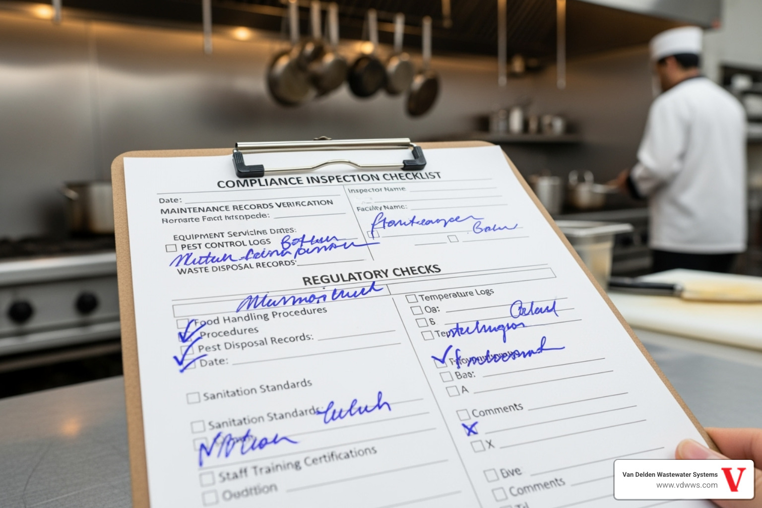A close-up of a compliance inspection form for a commercial kitchen, with sections for grease trap maintenance records and regulatory checks - grease trap cleaning service