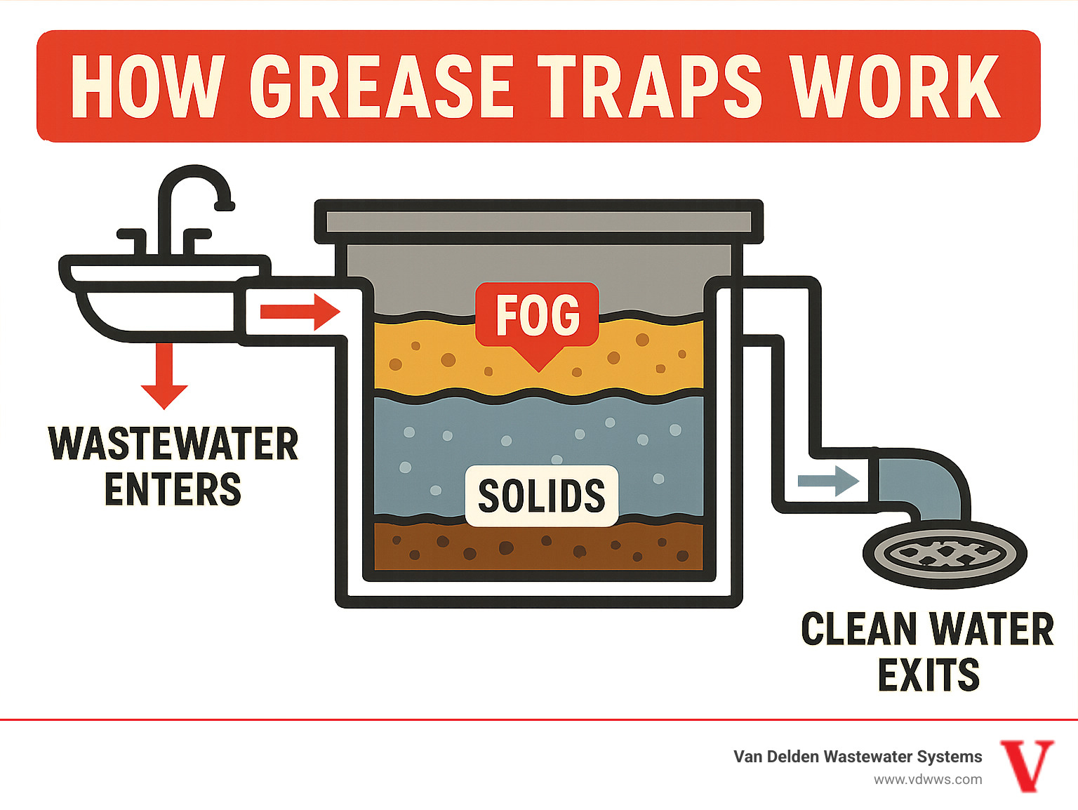 Detailed infographic showing how grease traps work: wastewater enters from kitchen sinks, FOG floats to top layer, solids settle to bottom, clean water exits to sewer system, with arrows indicating flow direction and labels for each component - grease trap cleaning service infographic 