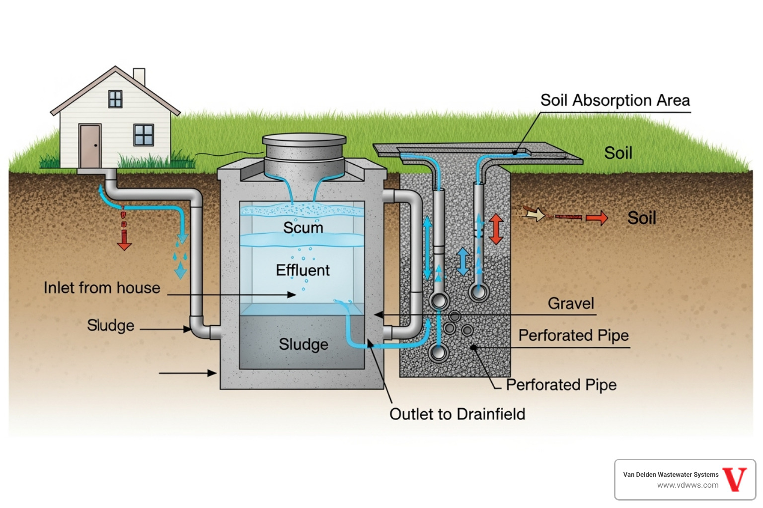 Cross-section diagram of a septic tank and drainfield - Septic tank pump out