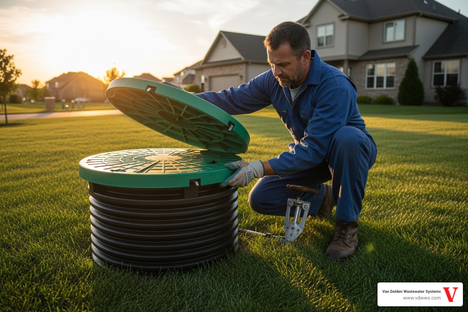 Septic technician opening a septic tank lid with a riser - Septic tank pump out