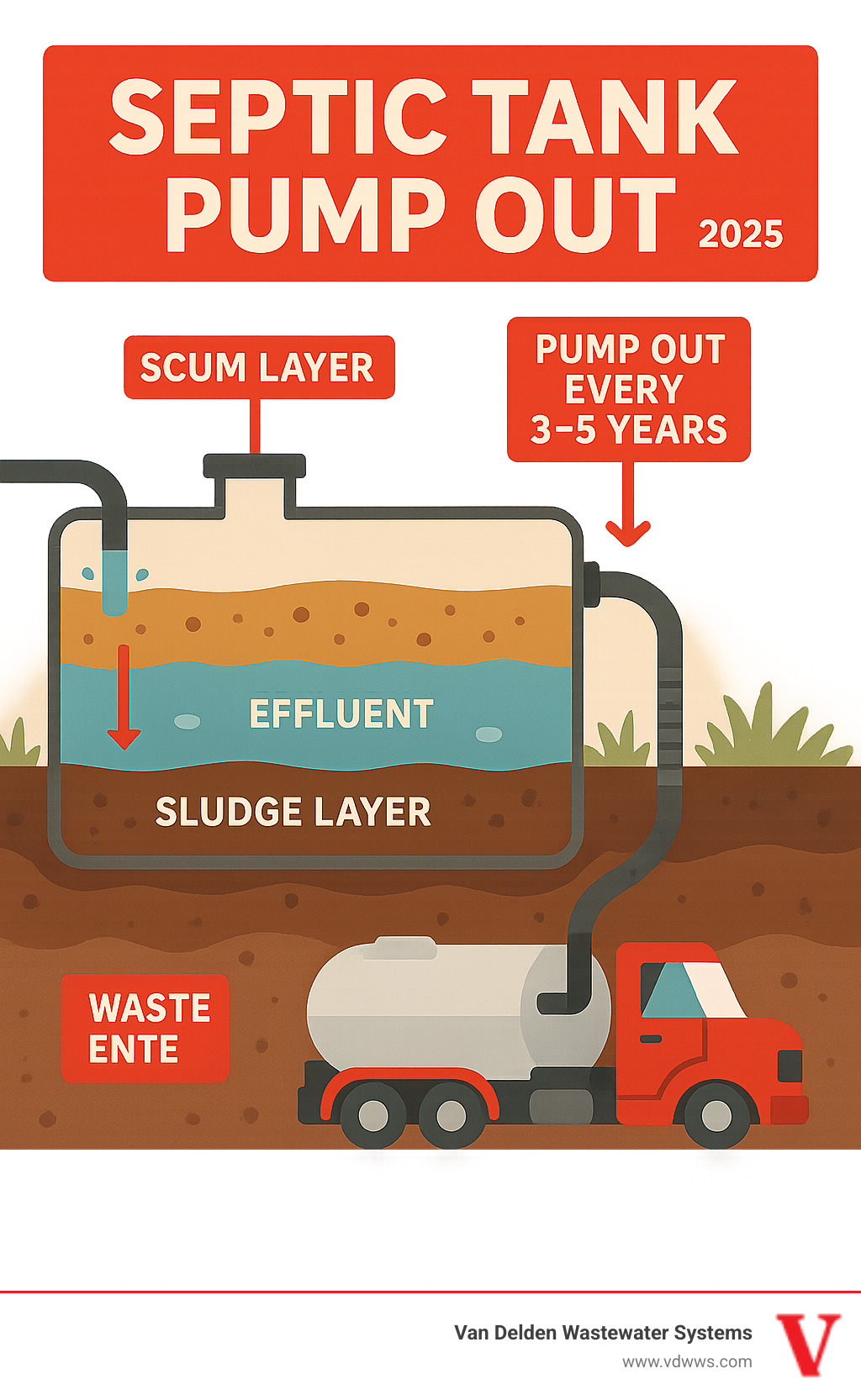 Infographic showing septic tank pump out process: wastewater enters tank, separates into scum layer (oils and grease floating on top), effluent (middle liquid layer flowing to drainfield), and sludge layer (heavy solids settling at bottom). Shows pumping truck removing accumulated solids every 3-5 years to prevent system failure - Septic tank pump out infographic 