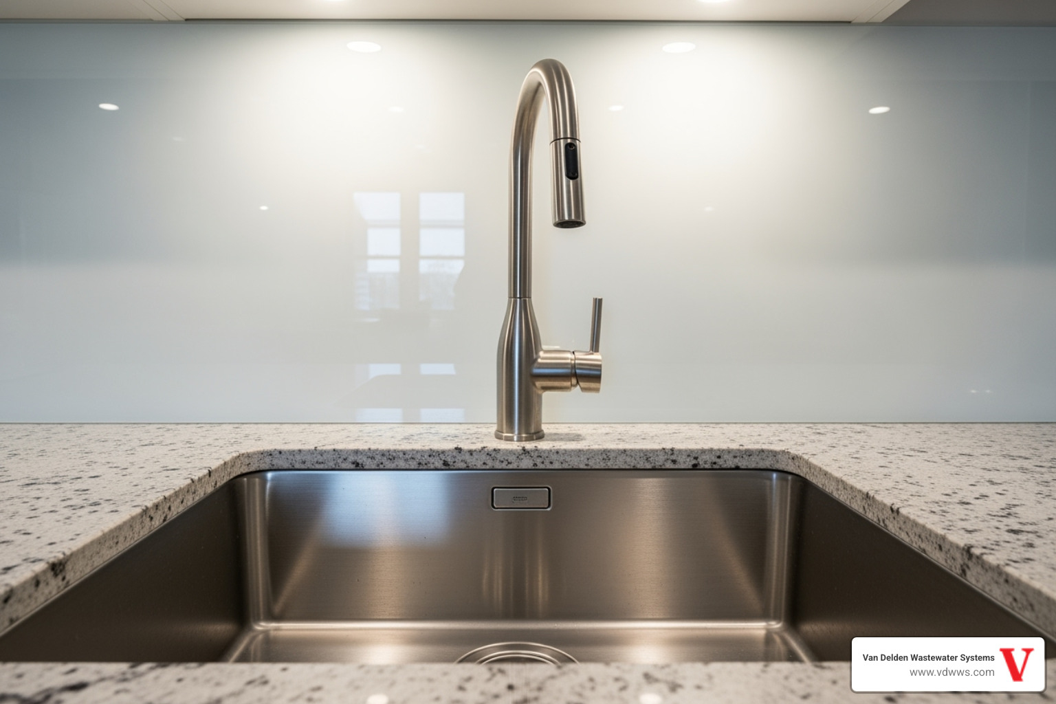 Kitchen sink with "Think at the Sink" reminder - septic system care tips