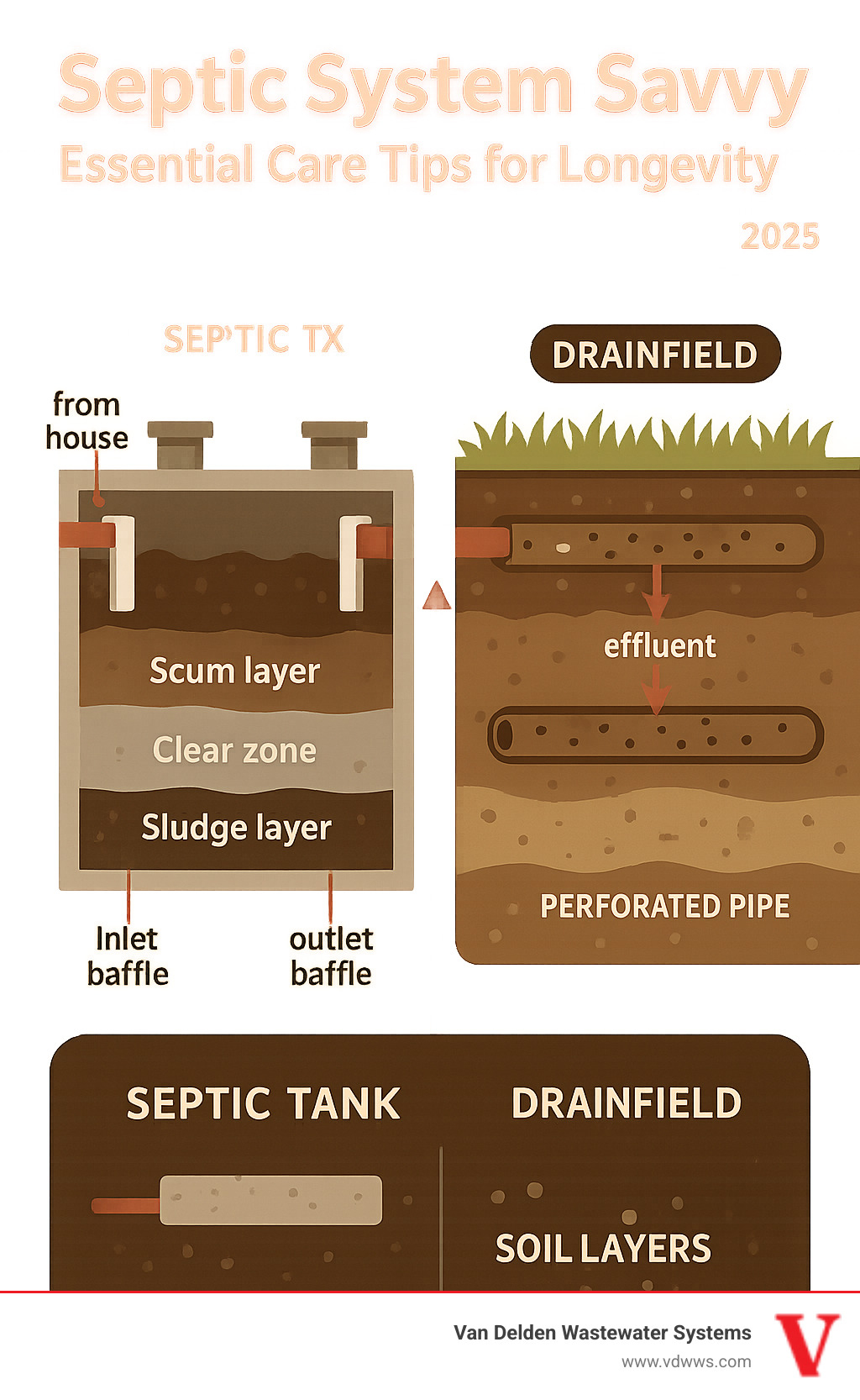 Detailed infographic showing septic system components including septic tank with inlet and outlet baffles, scum layer, clear zone, sludge layer, and drainfield with perforated pipes distributing effluent through soil layers for natural filtration - septic system care tips infographic 