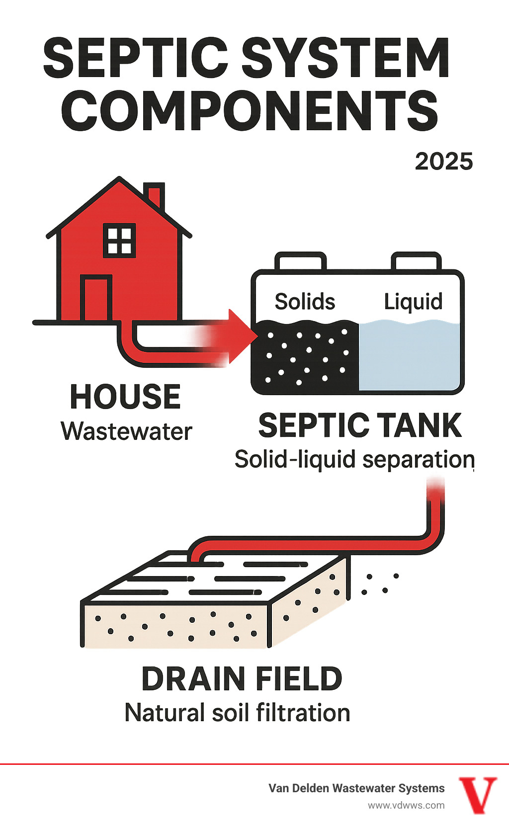 Infographic showing septic system components: house wastewater flowing to septic tank for solid-liquid separation, then treated water flowing to drain field for natural soil filtration, with color scheme featuring #fe0103 red highlights, #ffffff white background, and #000000 black text - septic tank repair companies near me infographic Infographic showing septic system components: house wastewater flowing to septic tank for solid-liquid separation, then treated water flowing to drain field for natural soil filtration, with color scheme featuring #fe0103 red highlights, #ffffff white background, and #000000 black text - septic tank repair companies near me infographic