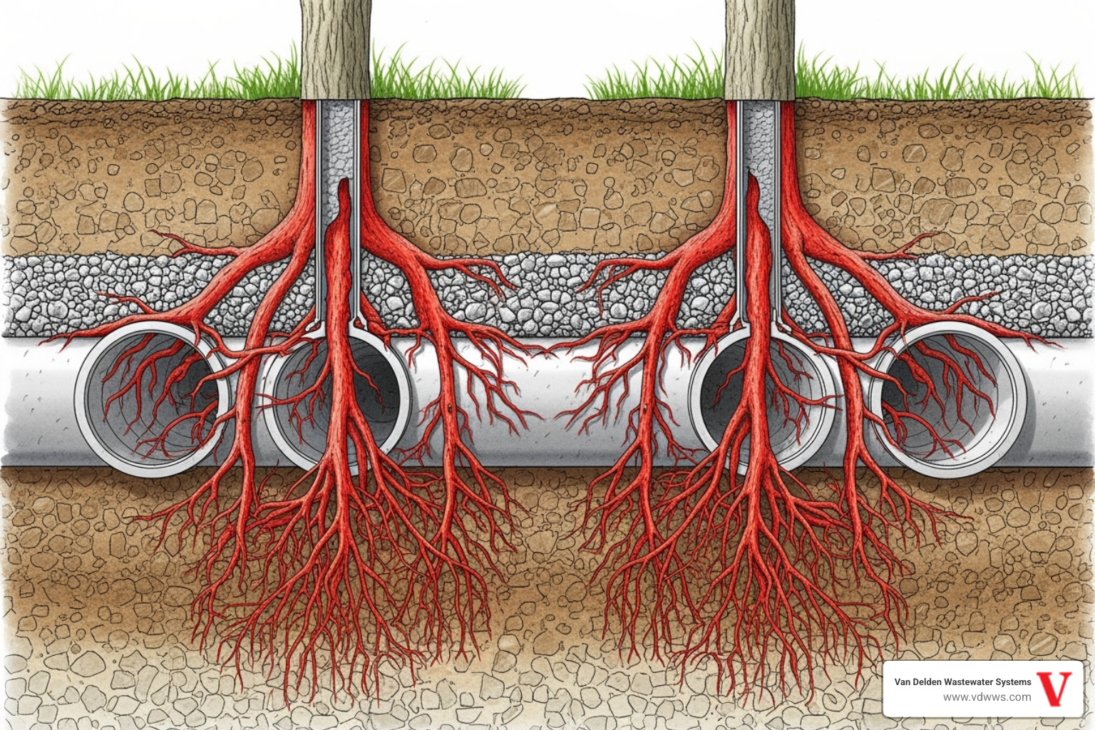 illustration of tree roots growing into and clogging perforated drain field pipes, with roots highlighted in red - drain field repair