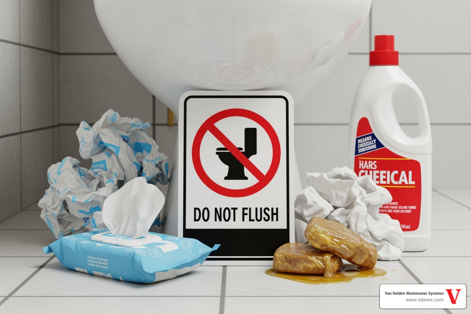 Do Not Flush list with items like wipes, grease, and chemicals, using brand colors - drain field repair