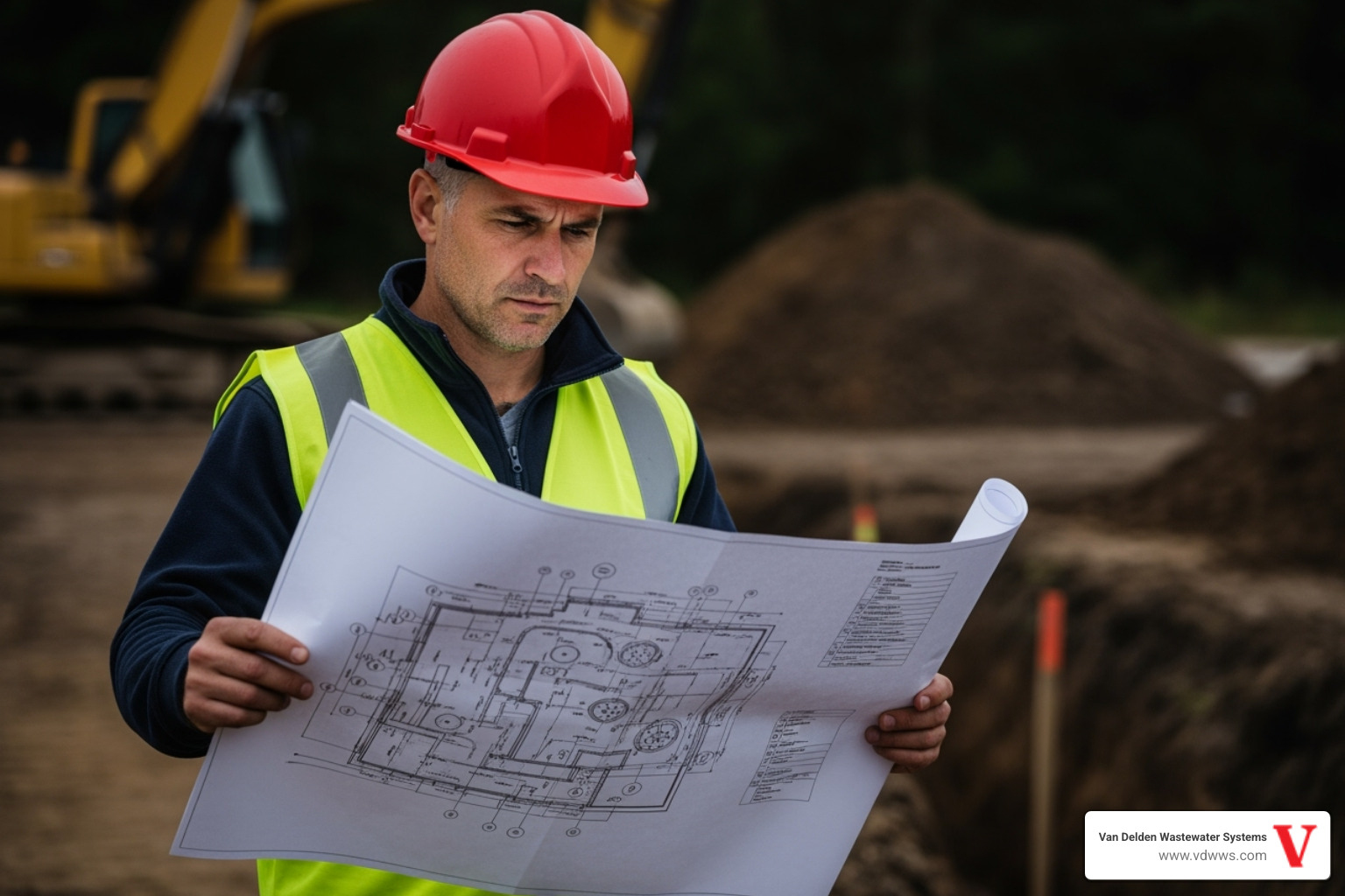 technician reviewing site plans for a septic installation with a red construction helmet, on a white blueprint, against a black background of a construction site - septic system installation san antonio tx