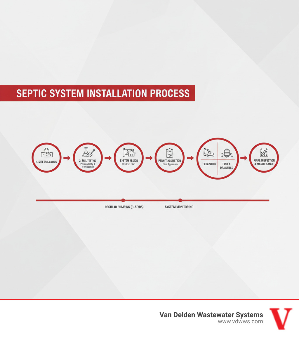 Comprehensive septic system installation process infographic showing the flow from initial site evaluation through soil testing, system design, permit acquisition, excavation, tank and drainfield installation, to final inspection and maintenance schedule, with Van Delden brand colors - septic system installation san antonio tx infographic 