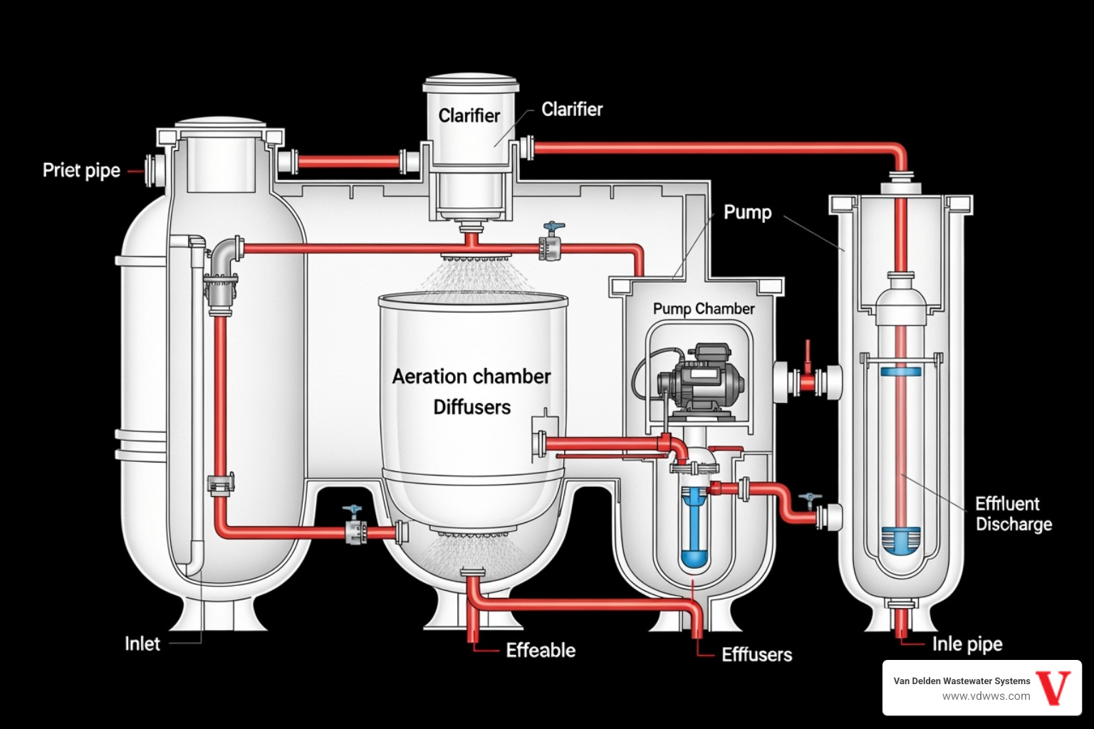 Aerobic septic tank diagram showing internal components like the aeration chamber and pump, with red pipes and white tanks, all on a black background - septic system installation san antonio tx
