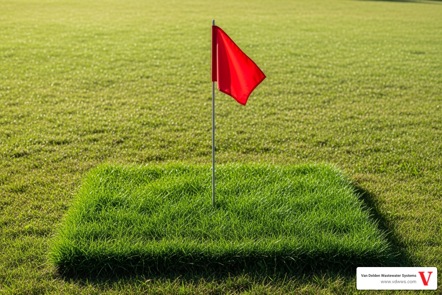 lush green patch of grass over a drainfield, indicating a potential problem, with a small red flag marking the spot - septic system installation san antonio tx