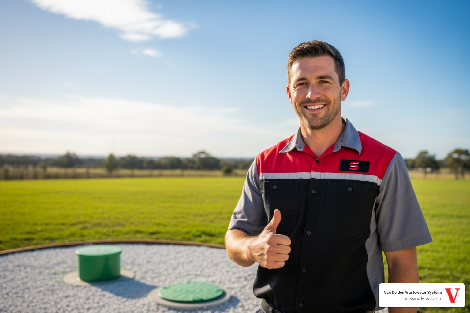 A friendly Van Delden Wastewater Systems technician, wearing a clean uniform, smiling and giving a thumbs up at a completed septic installation site, with brand colors #fe0103, #ffffff, #000000 - septic system installation san antonio tx