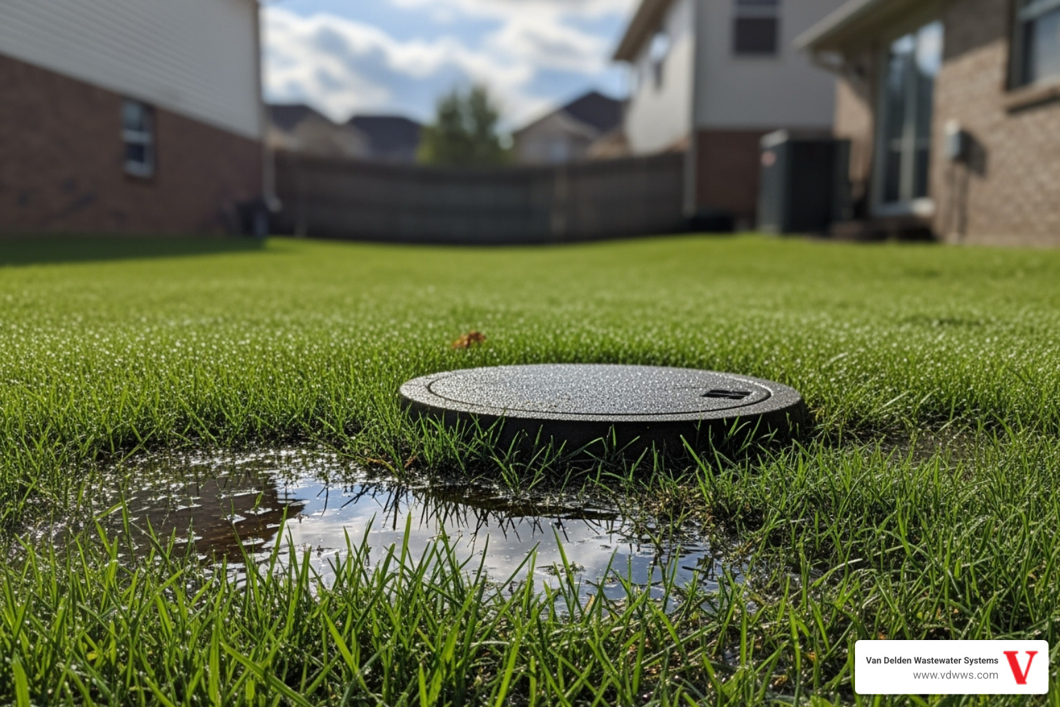 soggy patch of grass near a septic system lid - drainfield cleaning boerne tx