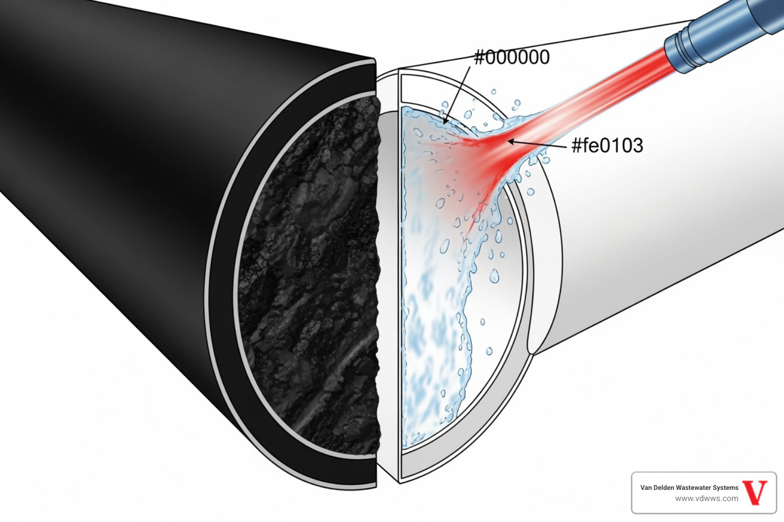 diagram comparing a clogged drainfield pipe before and after hydro-jetting. Colors: #fe0103 for water jet, #000000 for pipe/clog - drainfield cleaning boerne tx