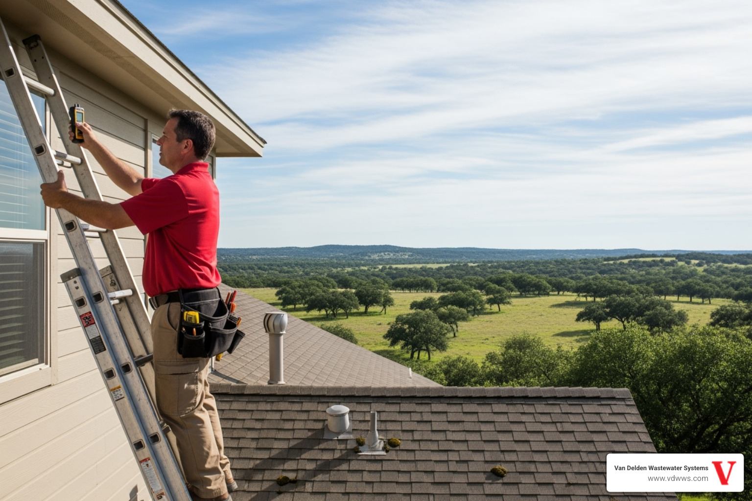 of a home inspector on a ladder examining a roof with the Fair Oaks Ranch landscape in the background - inspection fair oaks ranch tx of a home inspector on a ladder examining a roof with the Fair Oaks Ranch landscape in the background - inspection fair oaks ranch tx