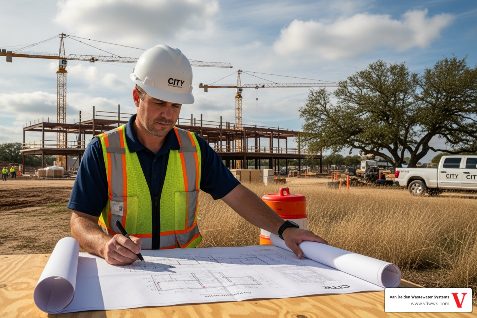 of a city inspector in a hard hat reviewing blueprints on a construction site in Fair Oaks Ranch - inspection fair oaks ranch tx of a city inspector in a hard hat reviewing blueprints on a construction site in Fair Oaks Ranch - inspection fair oaks ranch tx