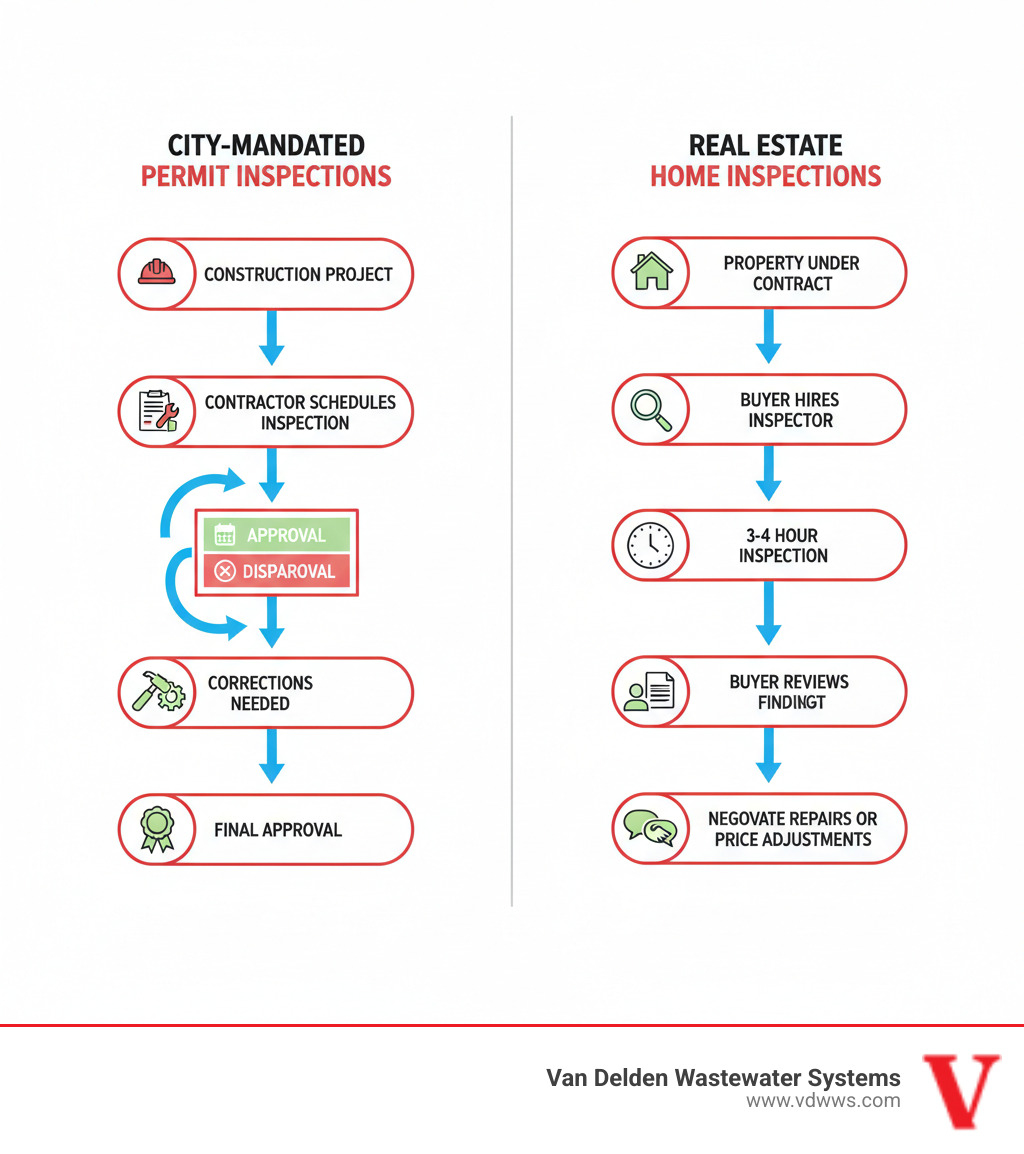 Infographic showing two parallel flowcharts: Left side titled "City-Mandated Permit Inspections" showing construction project → permit application → contractor schedules inspection → city inspector approval/disapproval → corrections if needed → final approval. Right side titled "Real Estate Home Inspections" showing property under contract → buyer hires inspector → 3-4 hour inspection → same-day report → buyer reviews findings → negotiate repairs or price adjustments - inspection fair oaks ranch tx infographic Infographic showing two parallel flowcharts: Left side titled "City-Mandated Permit Inspections" showing construction project → permit application → contractor schedules inspection → city inspector approval/disapproval → corrections if needed → final approval. Right side titled "Real Estate Home Inspections" showing property under contract → buyer hires inspector → 3-4 hour inspection → same-day report → buyer reviews findings → negotiate repairs or price adjustments - inspection fair oaks ranch tx infographic