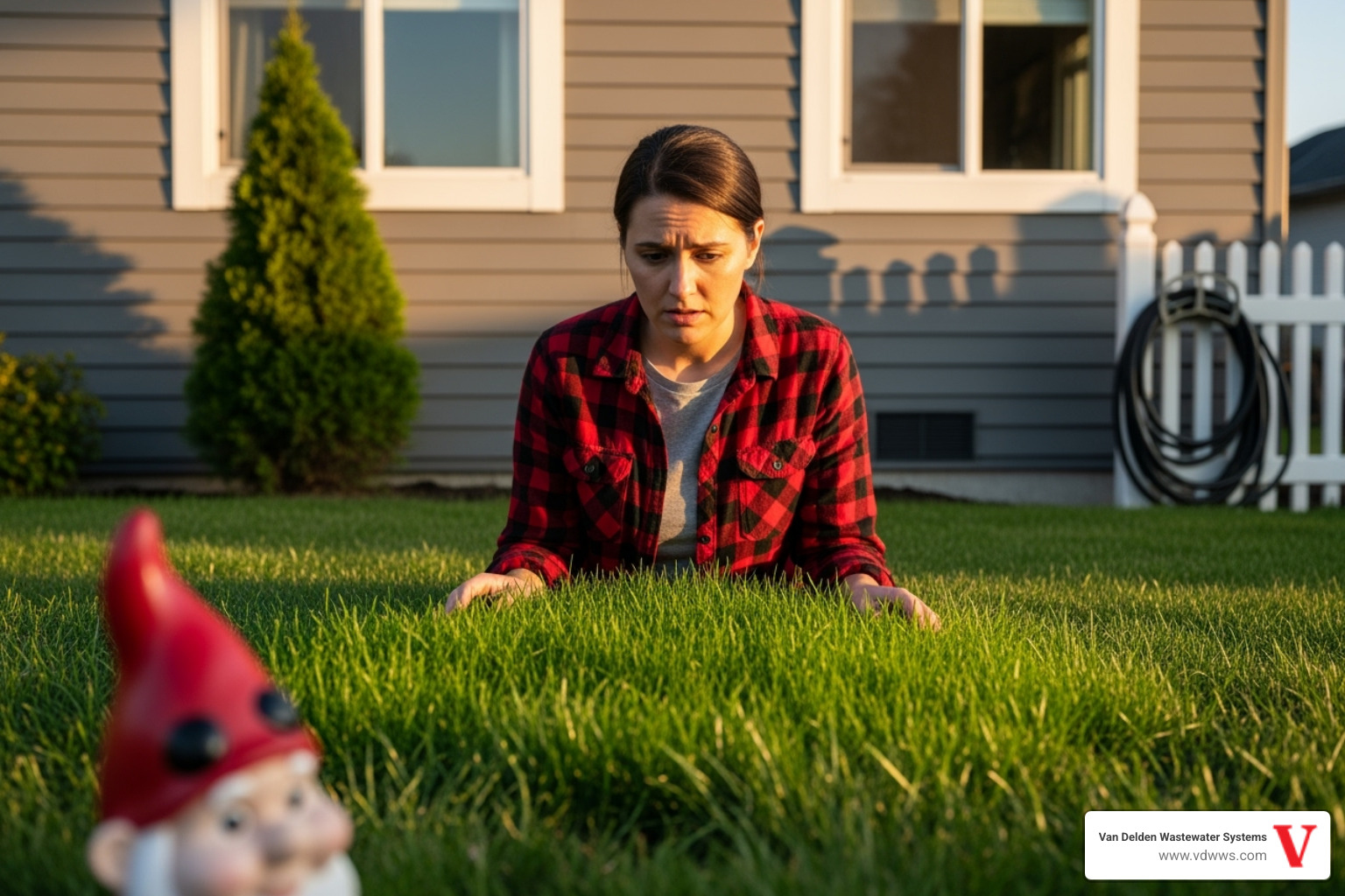 homeowner looking with concern at an unusually green patch of grass in their yard, with a red and black plaid shirt, incorporating red, white, and black elements - septic pumping bulverde tx