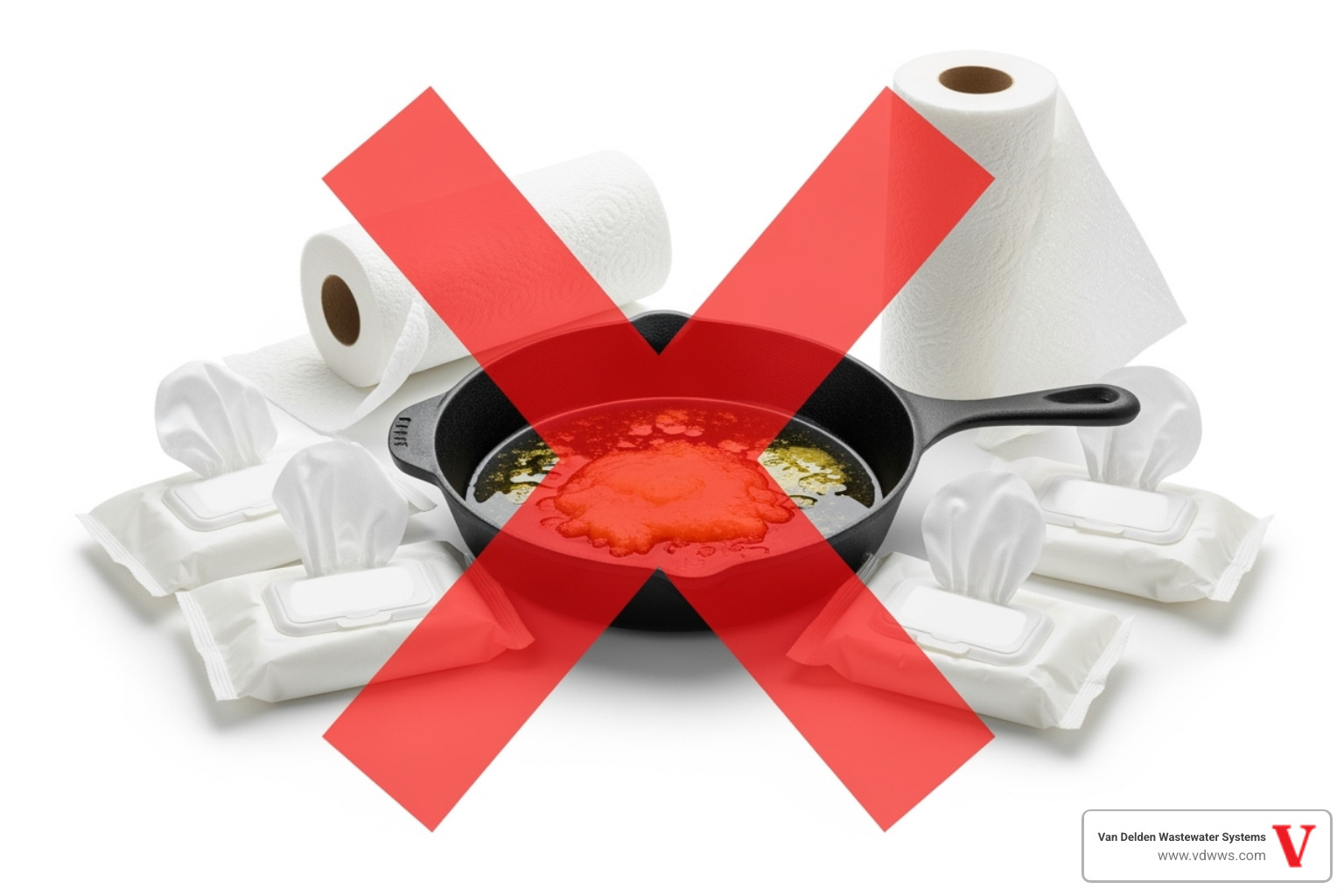 Do Not Flush graphic with items like wipes, grease, and paper towels crossed out with a bold red 'X', incorporating red, white, and black elements - septic pumping bulverde tx
