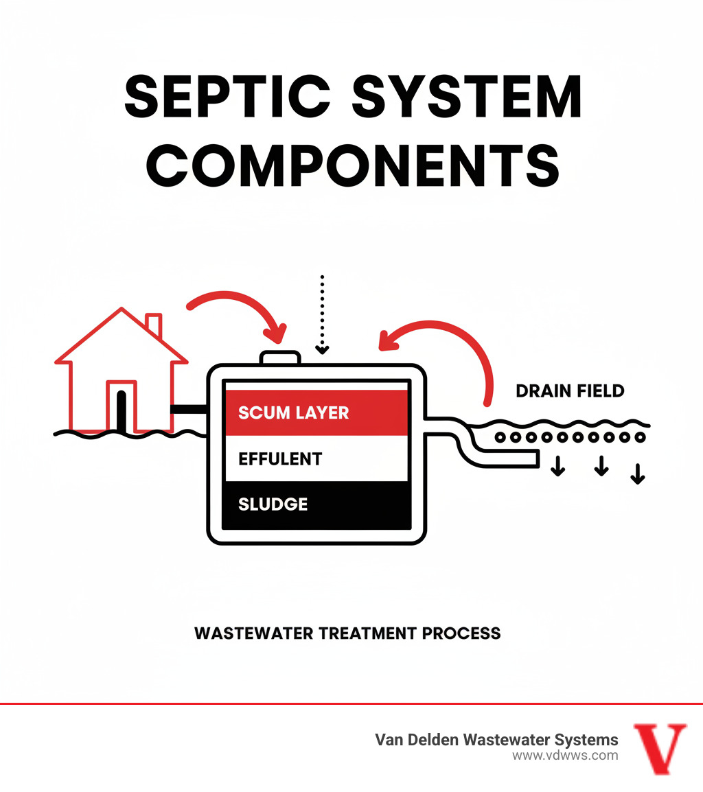Infographic showing septic system components with a cross-section view of an underground septic tank displaying three distinct layers - scum layer at top, effluent in middle, and sludge at bottom - with arrows showing wastewater flow from house to tank to drain field, using red, white and black color scheme - septic pumping bulverde tx infographic 